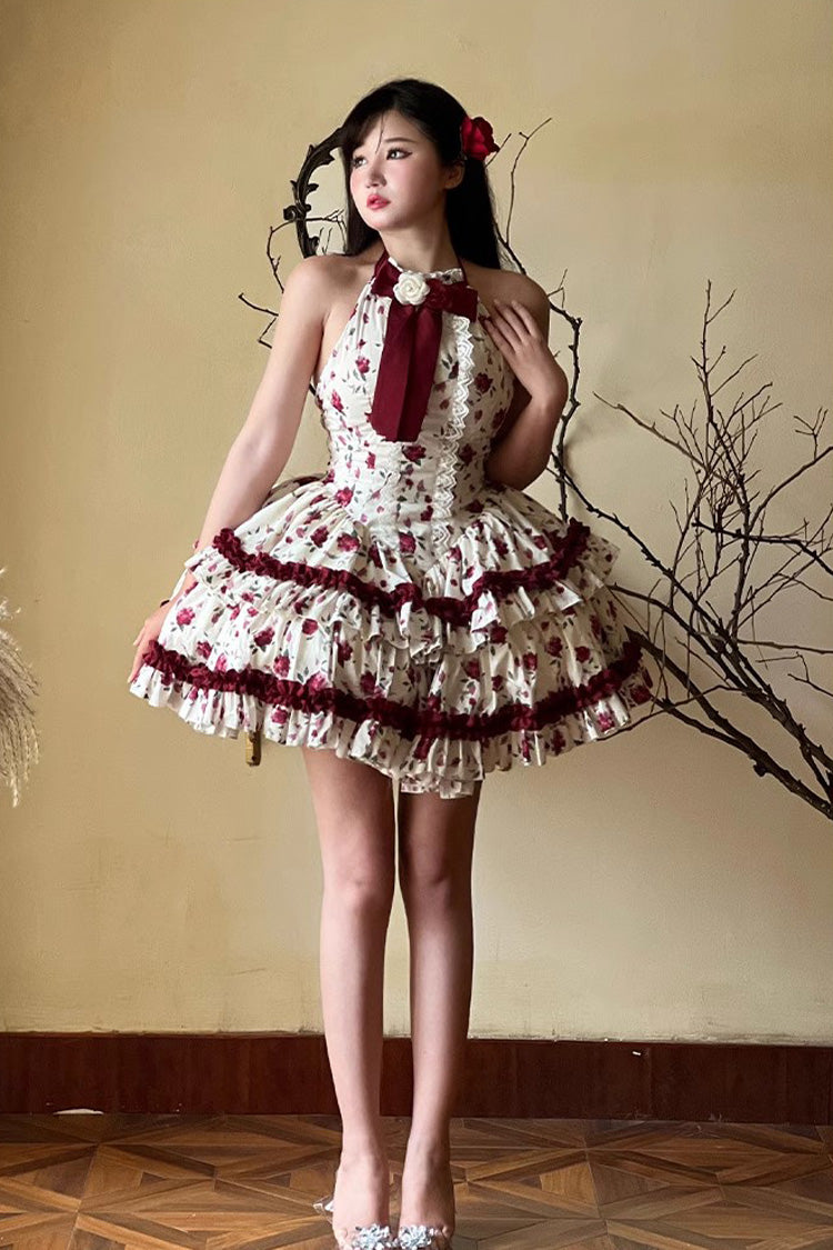 Red/White Halterneck Romantic Rose Print Ruffle Bowknot Sweet Chinese Style Lolita Dress - Product - 2