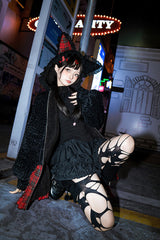 Black/Red [Night Cat] Plaid Print Ruffle Bowknot Hooded Sweet Lolita Skirt Coat - Product - 6