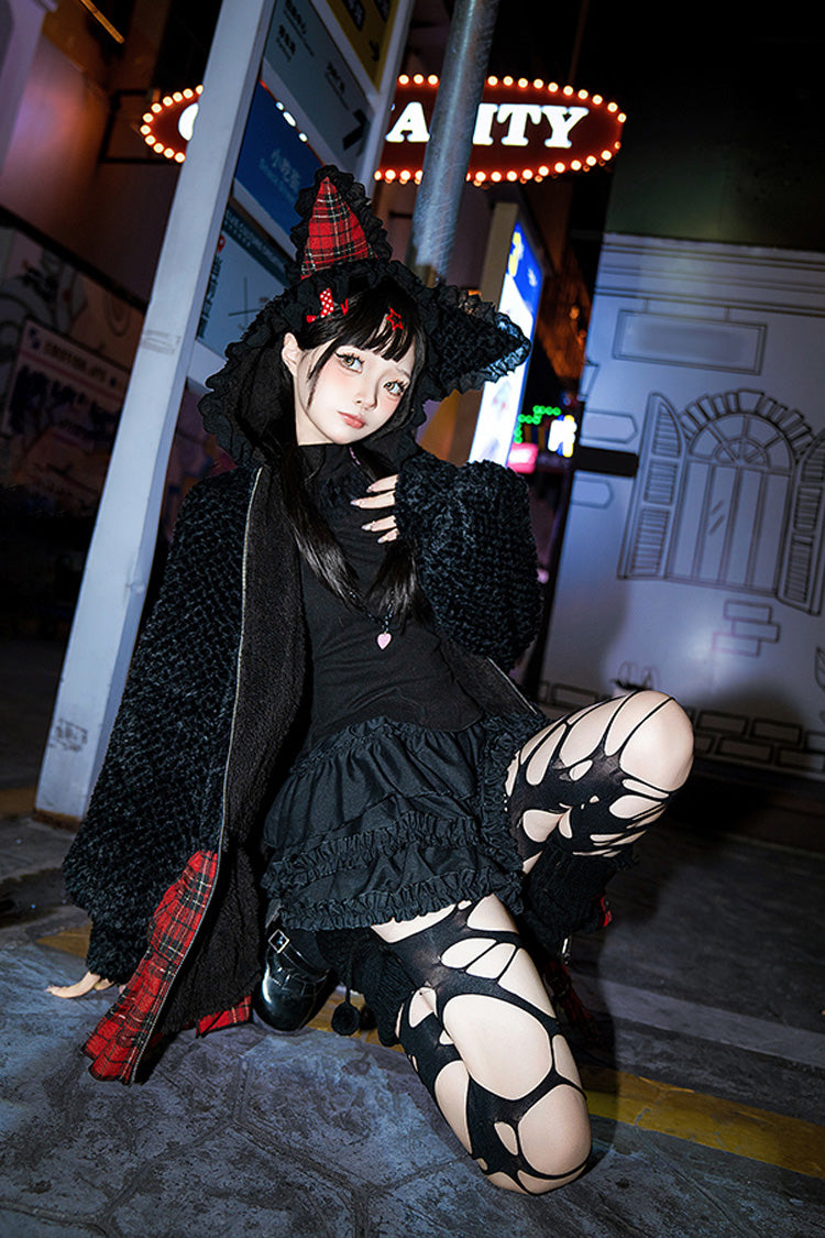 Black/Red [Night Cat] Plaid Print Ruffle Bowknot Hooded Sweet Lolita Skirt Coat - Product - 6
