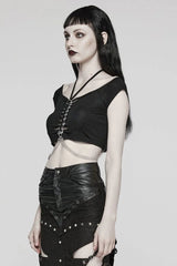 Black Short Sleeves Hollow Metal Chain Womens Steampunk Halterneck T-Shirt - Product - 2