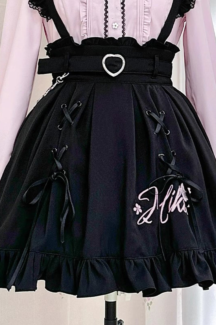 Black [Hatsune Miku] Ruffle Embroidery Lace-Up Jirai Kei Skirt - Product - 3