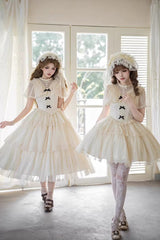 Ivory [The Oath of White Mist] Edwardian Collar Long Sleeves Multi-Layered Ruffled Bow Lace Fishbone Sweet Lolita Dress 2 Versions - Product - 3