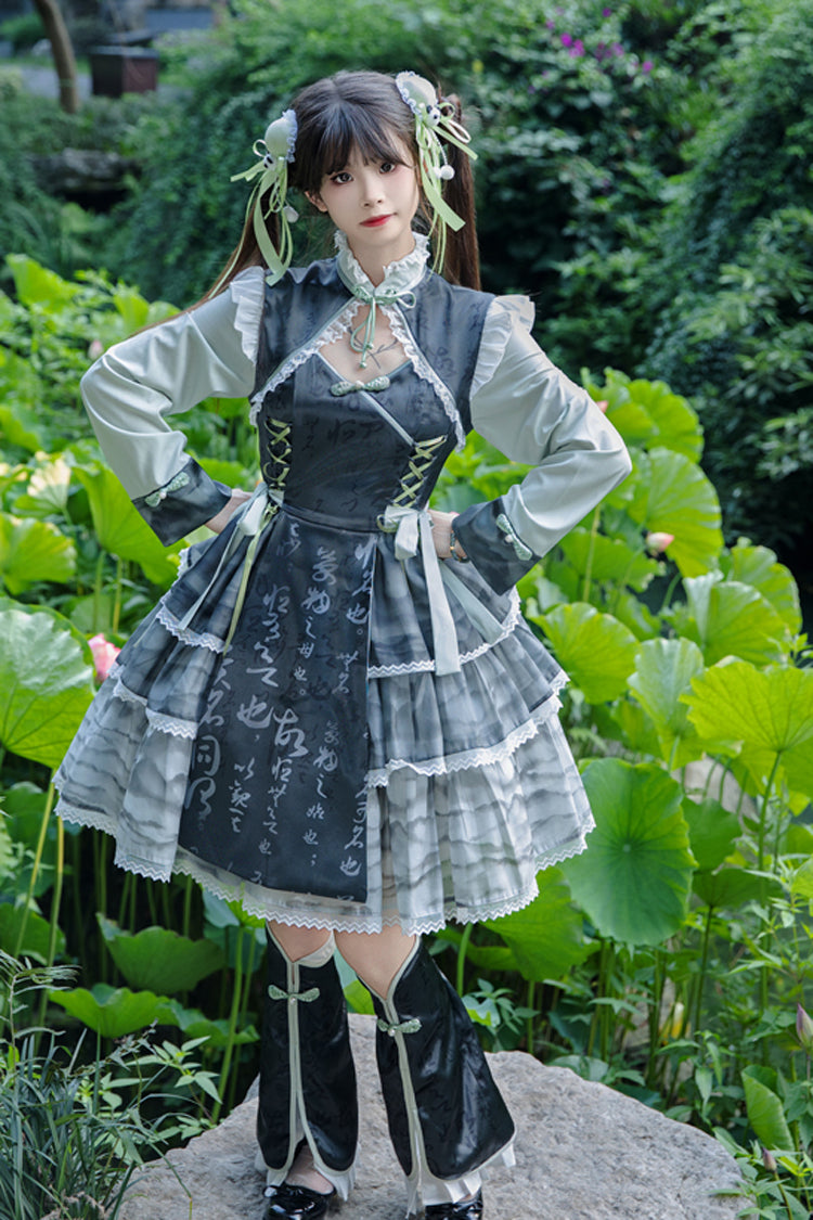 Cheongsam Ink Print Multi-layer Bowknot Sweet Chinese Style Princess Lolita Jsk Dress 2 Colors - Product - 7