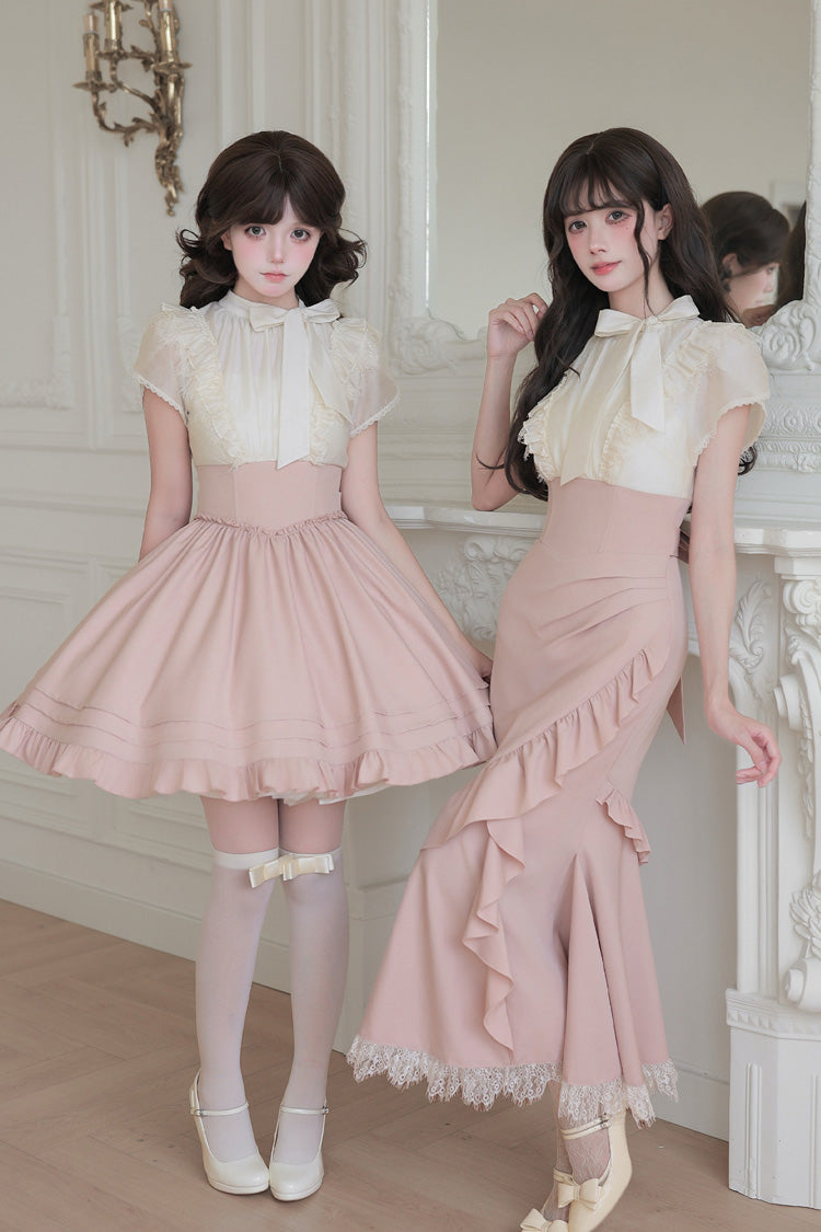 White/Pink Round Collar Short Sleeves Ruffled Bow Lace Color-Blocked Boned Sweet Lolita Dress 2 Versions - Product - 4