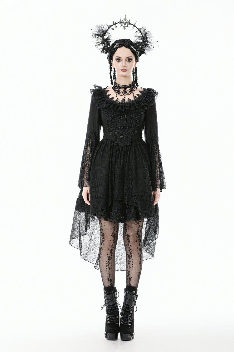 Black Lace Ruffled Boat Neck Long Trumpet Sleeves High-Low Hem Women's Gothic Dress - Product - 5