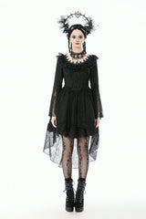 Black Lace Ruffled Boat Neck Long Trumpet Sleeves High-Low Hem Women's Gothic Dress - Product - 5