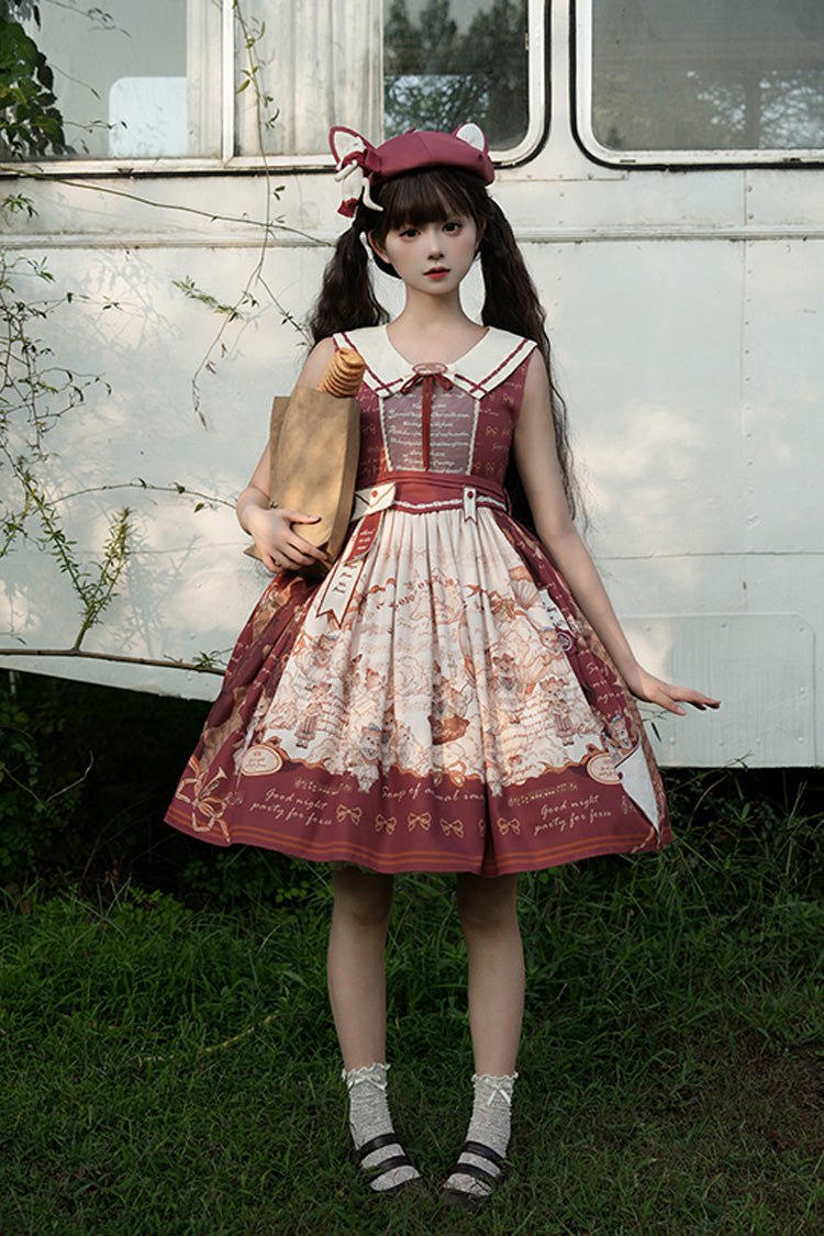 Wine Red [Fox Band] Print Square Collar Bowknot Classic Lolita Jumper Dress - Product - 8