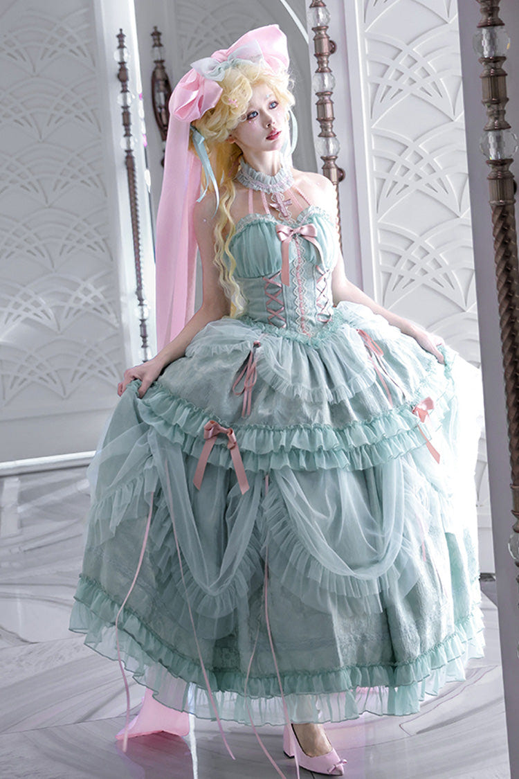 Green Cross Halterneck Ruffle Bowknot Lace Lace-Up Princess Sweet Lolita Dress - Green - 1