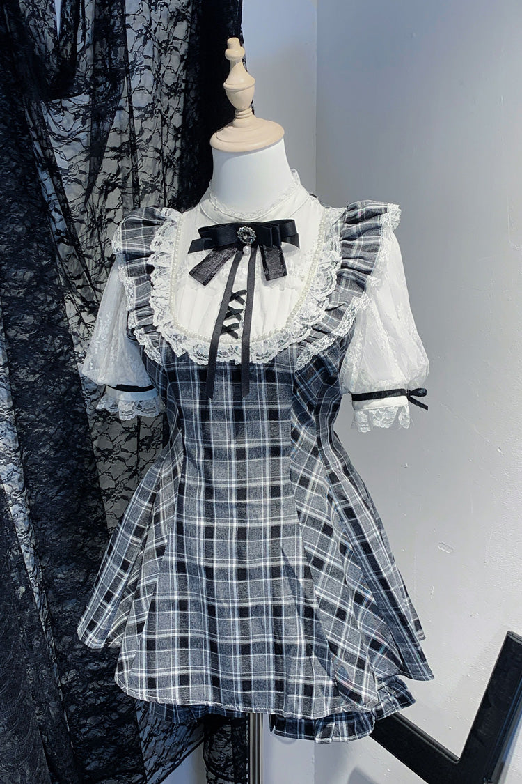[First Love Contract] Print Bowknot Lace Gothic Jirai Kei Dress Set 4 Versions - Grey-Short-Sleeves - 4