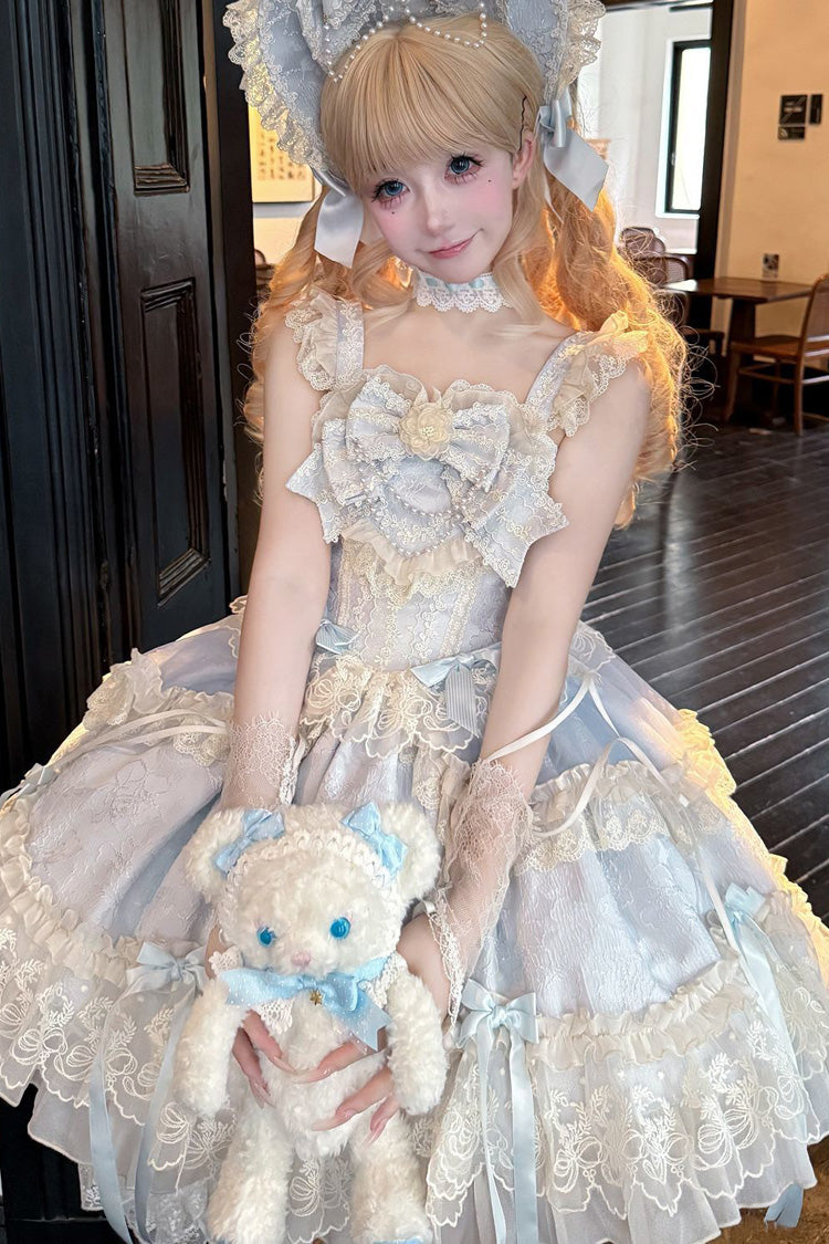 Blue [Blossoming Heart Love ] Sleeveless Dark Jacquard Print Bowknot Lace Sweet Lolita Jsk Dress - Product - 3