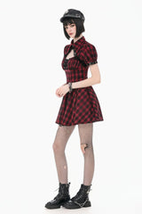 Black/Red Plaid Turn-Down Collar Cut-Out Short Sleeves Lace-Up Women's Punk Retro Mini Dress - Product - 10