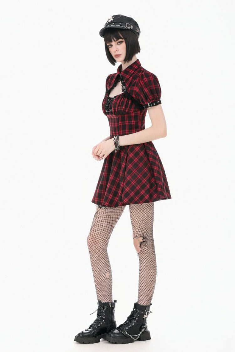 Black/Red Plaid Turn-Down Collar Cut-Out Short Sleeves Lace-Up Women's Punk Retro Mini Dress - Product - 10