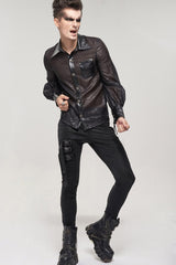 Black Punk Vertical Pattern Printing Cuff Drawstring Decoration See-Through Men's Shirt - Product - 8