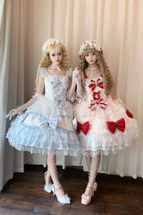 Red/Pink [Flower Dream Isle] Square Collar Multi-Layered Ruffled Bow Lace Sweet Lolita Jsk Dress - Product - 12