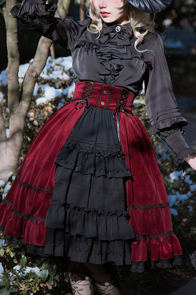 Black/Red Stitching Cardigan Ruffled Multi-Layer Gothic Lolita Skirt Dress - Black - 1
