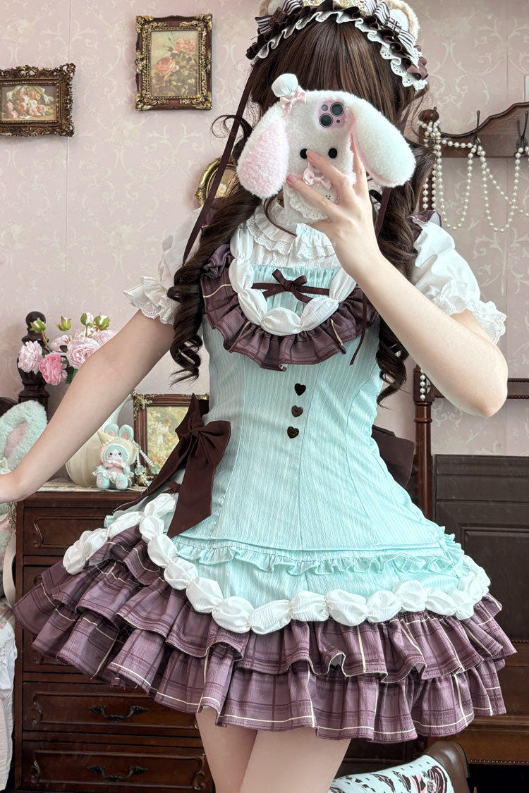 Green/Brown [Creamy Thin Chocolate] Sleeveless Multi-Layered Printed Ruffled Bow Asymmetric Sweet Lolita Jsk Dress - Green/Brown - 1