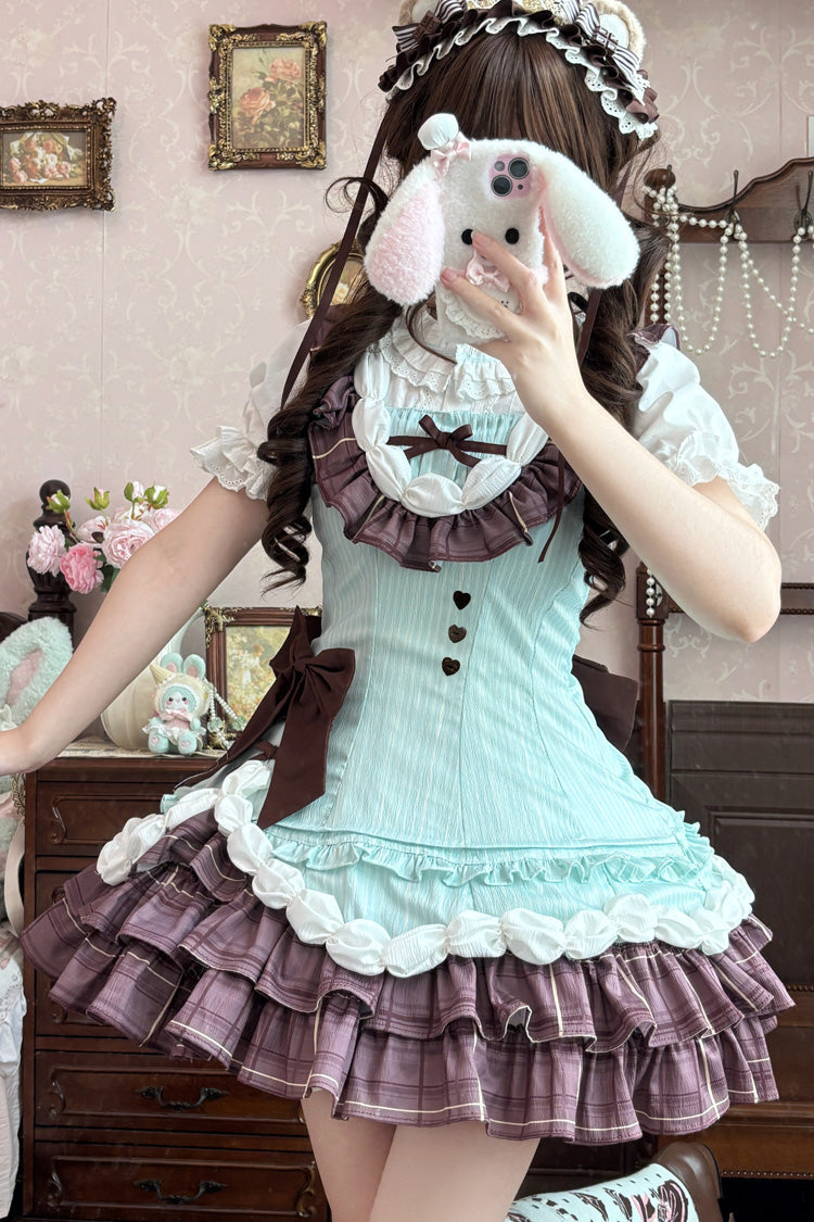 Green/Brown [Creamy Thin Chocolate] Sleeveless Multi-Layered Printed Ruffled Bow Asymmetric Sweet Lolita Jsk Dress - Green/Brown - 1