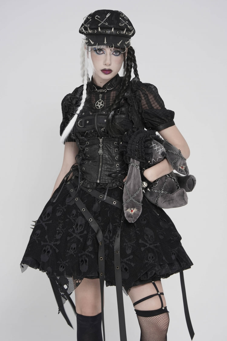 Black Double-Layered Lace Lace-Up Irregular Mesh Eyelet Women's Punk Skirt - Black - 1