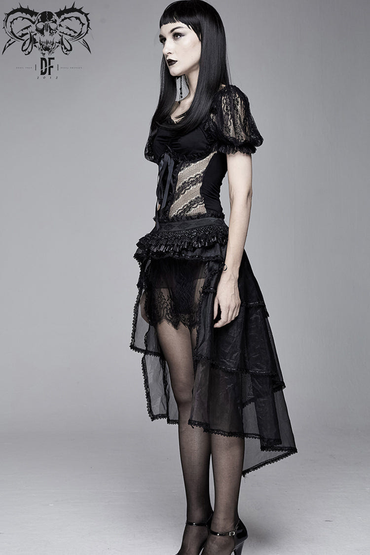 Black Bubble Sleeve Vertical Flower Lace Chest Cross Lace Up Women's Gothic T-Shirt - Product - 5