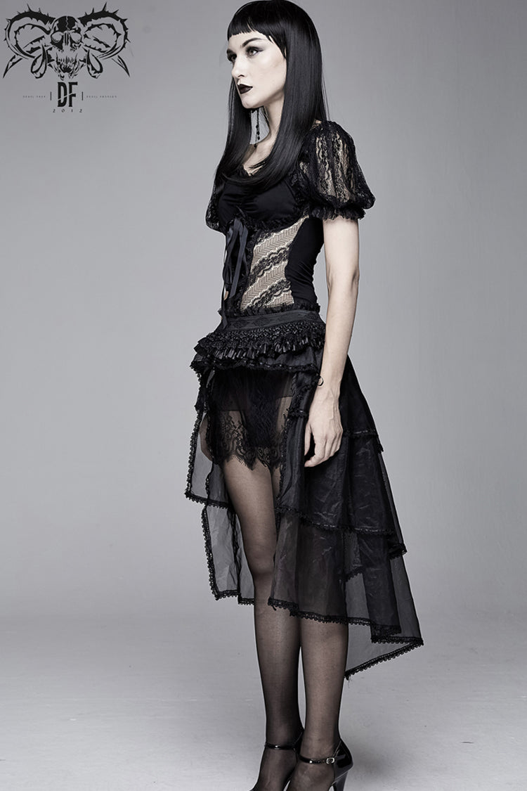 Black Bubble Sleeve Vertical Flower Lace Chest Cross Lace Up Women's Gothic T-Shirt - Product - 5