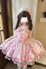 Pink [Love of Gemstones] Sleeveless Triple-Layered Ruffled Bow Lace Pearl-Decorated Sweet Lolita Jsk Dress - Product - 3