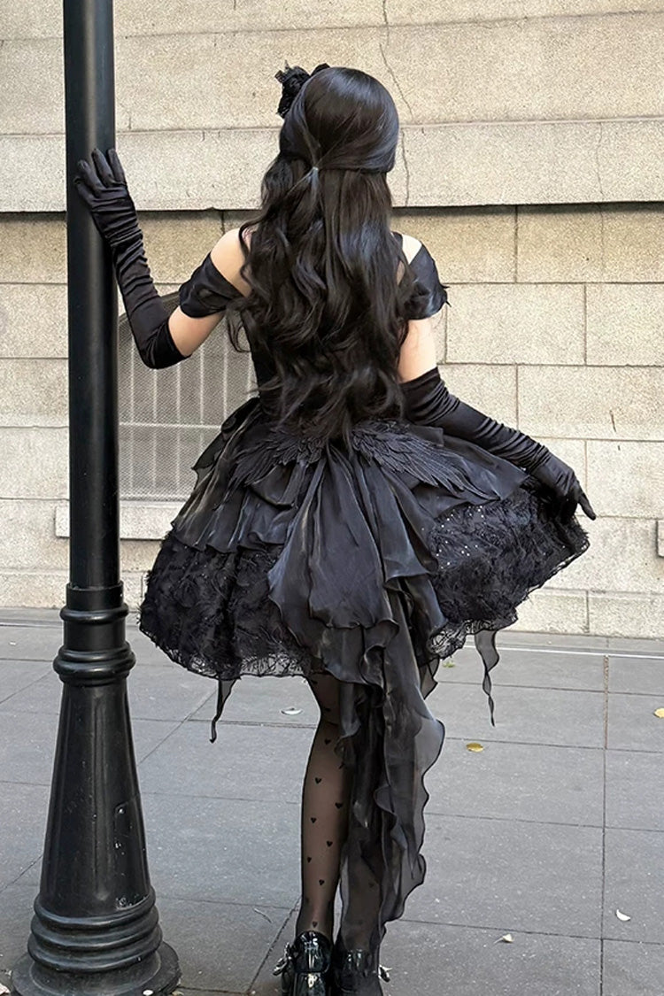 Black [Feathers Floating In The Air] Square Collar Flutter Sleeves Embroidered Bow Lace Gothic Lolita Jsk Dress - Product - 6