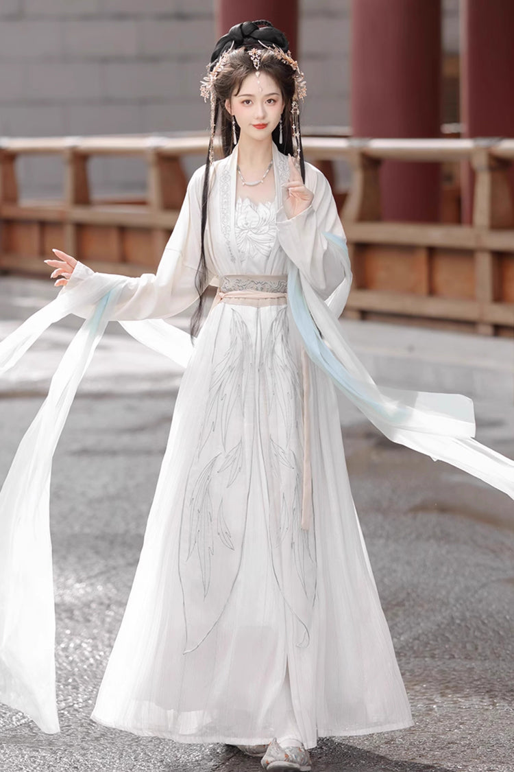 White Long Sleeves High Waisted Jacquard Print Embroidery Women's Sweet Hanfu Dress Full Set - White - 1