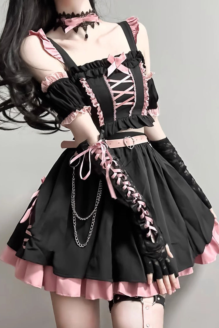 Black/Pink Tie Bow Gothic Sweet Lolita Strapless Skirt Dress 2 Pieces Set - Product - 4