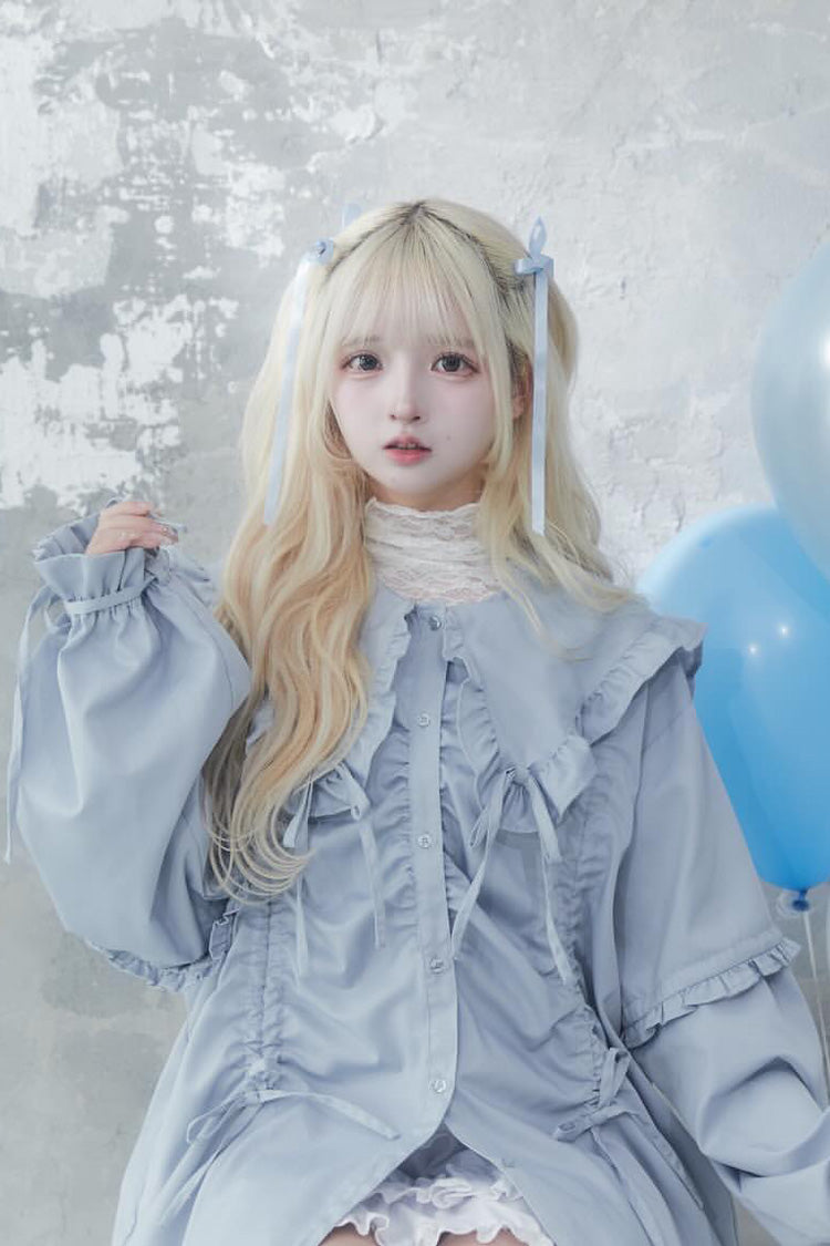 Doll Collar Long Sleeves Ruffle Bowknot Sweet Jirai Kei Japanese Blouse 3 Colors - Product - 15