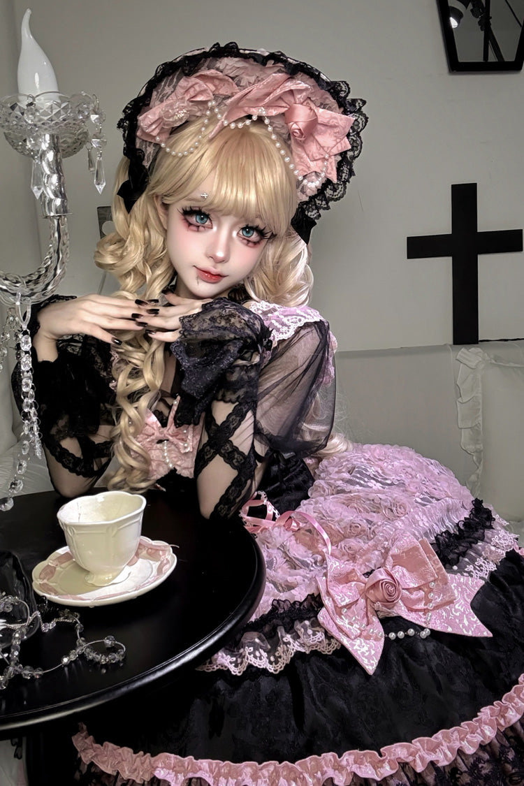 Black/Pink [Rose Princess] Sleeveless Ruffle Bowknot Lace Lace-Up Sweet Ballet Lolita Jsk Dress - Product - 6