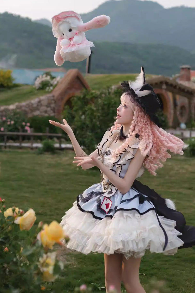 [Binky Bunny Magic] Square Collar Sleeveless Multi-Layered Ruffled Bow Lace Sweet Lolita Jsk Dress 2 Colors - Product - 12