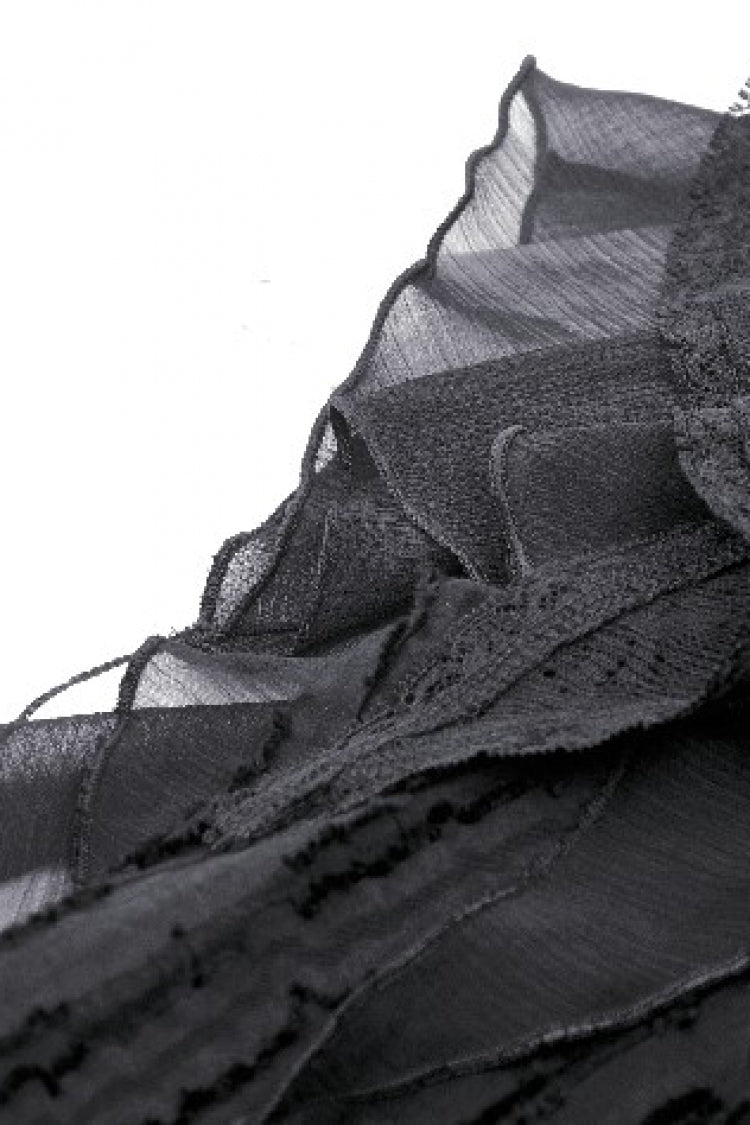 Black Stand Collar Ruffled Short Sleeves Lace Spliced Women's Gothic Blouse - Product - 15