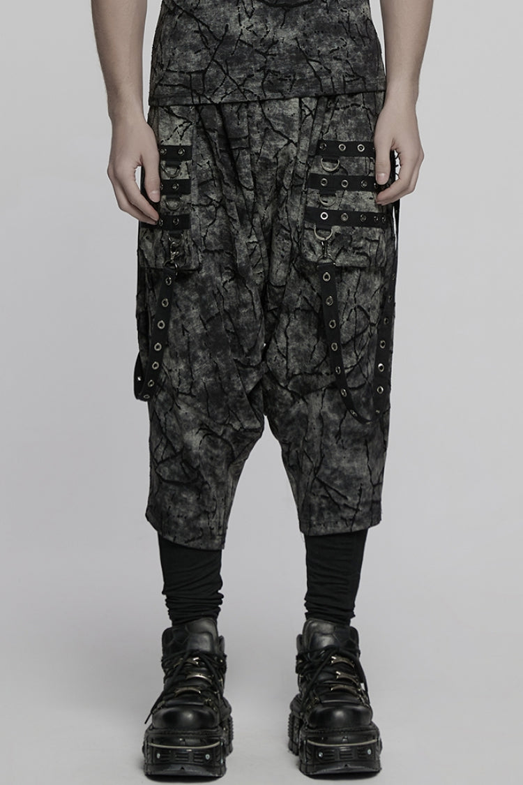 Black/Grey Tie-dyed Sagging Men's Punk Pants with Staps - Black/Grey - 1