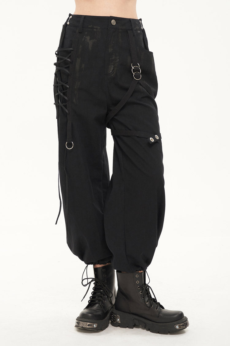 Black Irregular Print Single Side Frenulum Ring Legs Drawstring Closing Women's Punk Pants - Black - 1