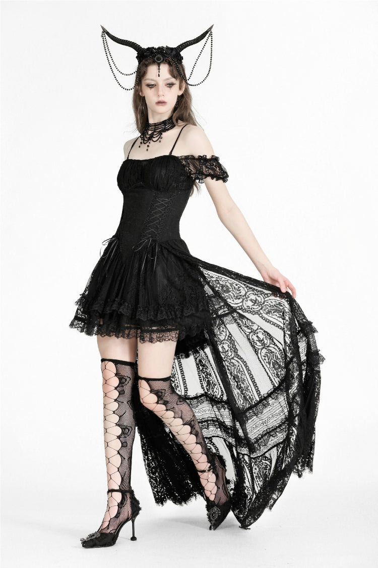 Black Off Shoulder Short Flutter Sleeves Lace-Up Lace High/Low Women's Gothic Prom Slip Dress - Product - 2