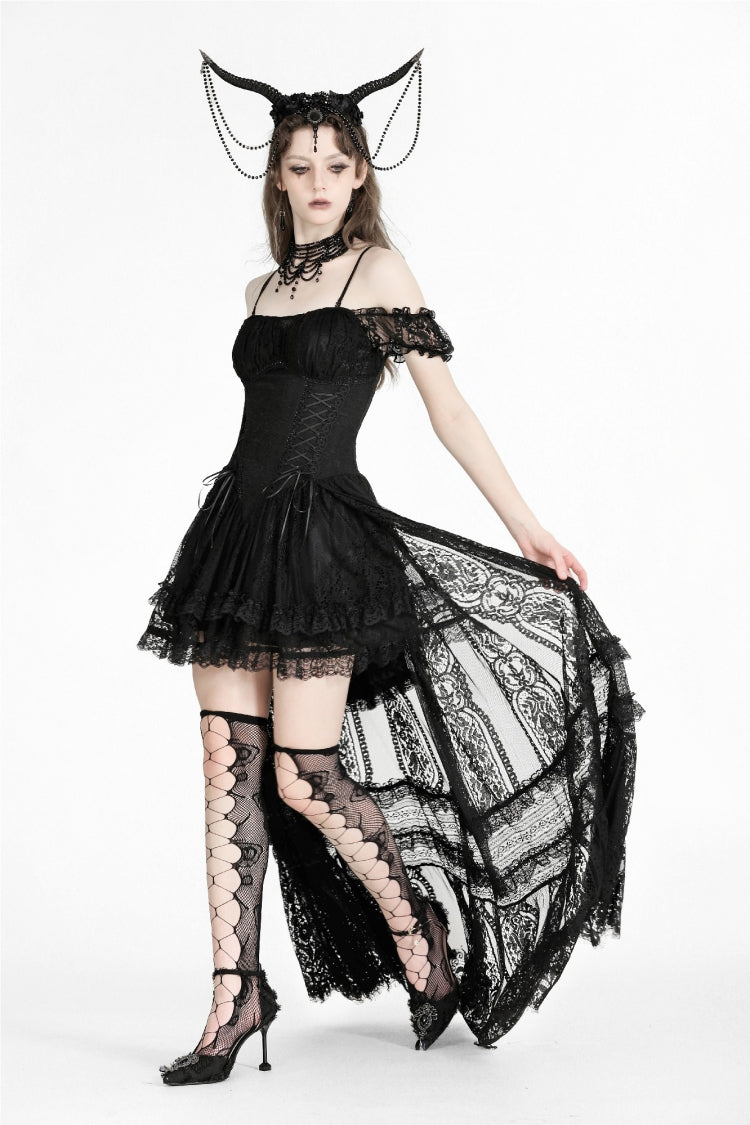 Black Off Shoulder Short Flutter Sleeves Lace-Up Lace High/Low Women's Gothic Prom Slip Dress - Product - 2