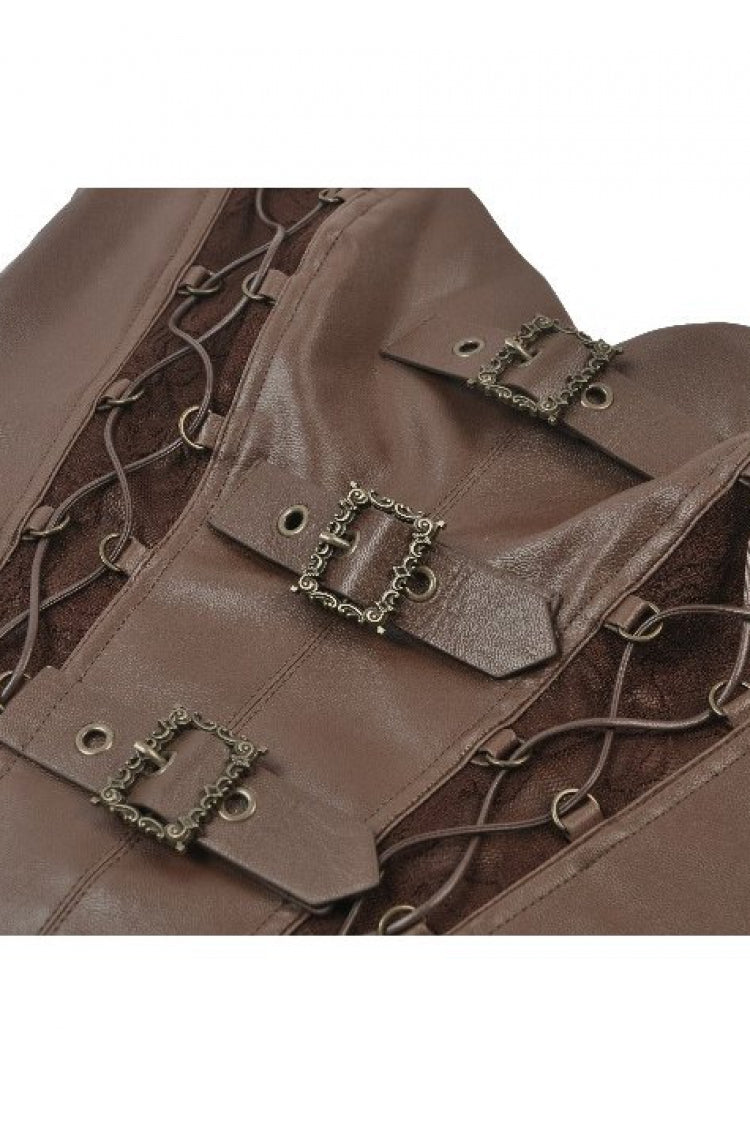 Brown Sweetheart Neckline Ruffled Flutter Sleeves Cut-Out Buckled Strap Women's Steampunk Slim Corset Vest - Product - 13