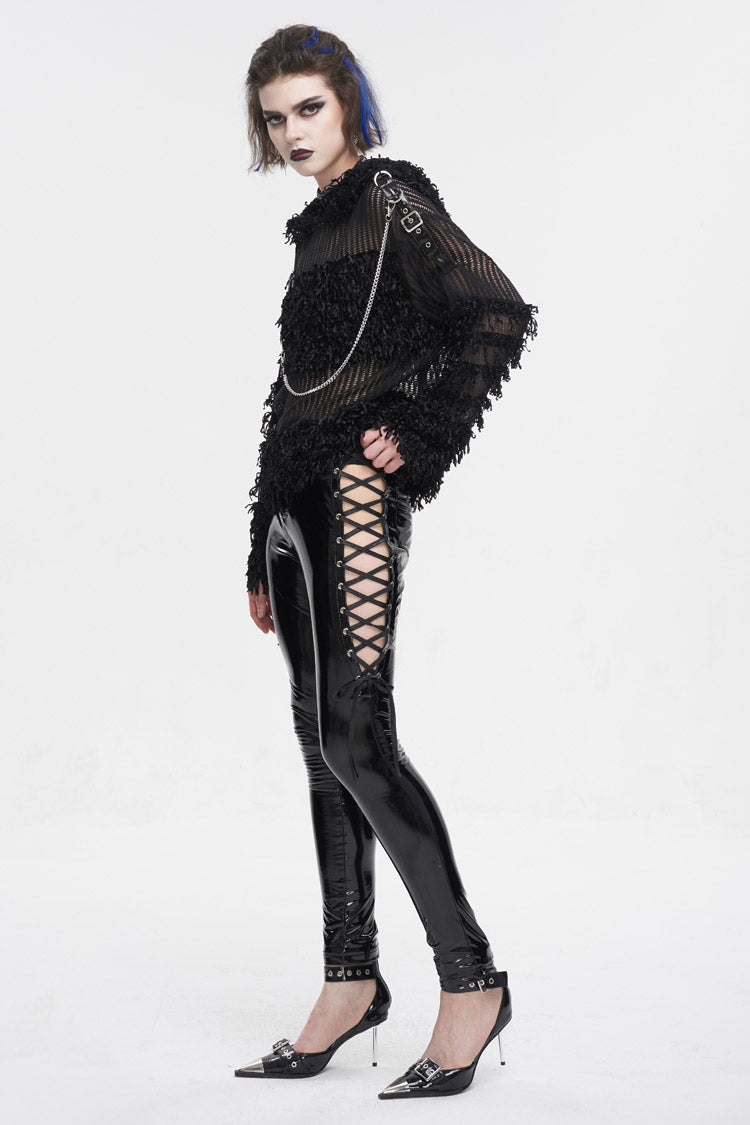 Black Segmented Mesh Matching Chain Women's Punk Hooded Sweater - Product - 4