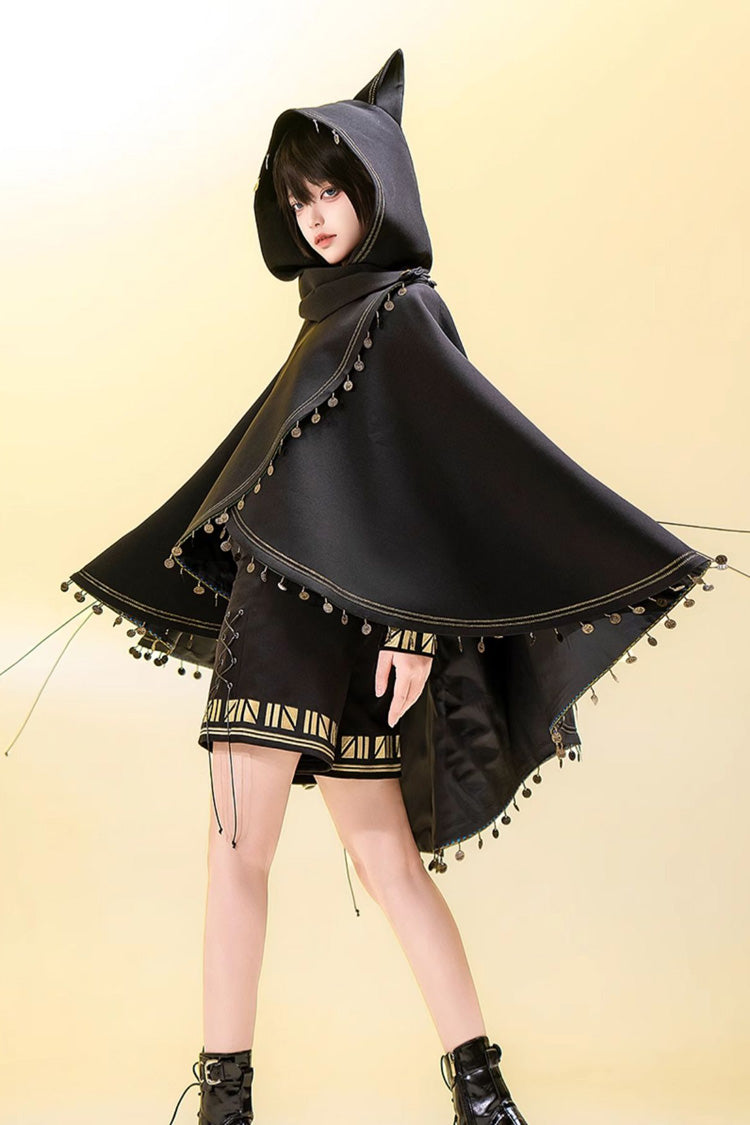 Black [Black Cat] Embroidery Cat Ears Hooded Ouji Gothic Prince Handsome Lolita Cloak - Product - 7