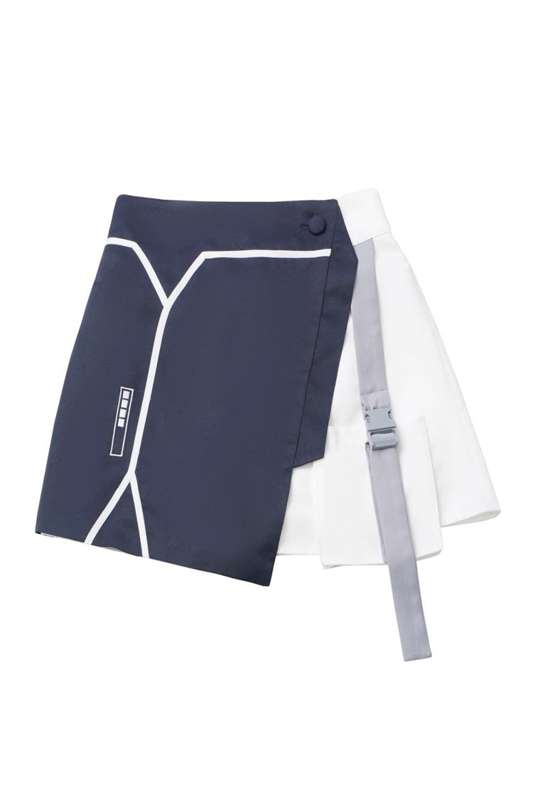 Blue/White [Message Overload] Techwear Long Sleeves Embroidered Asymmetric Jirai Kei Coat Skirt Set - Skirt - 6