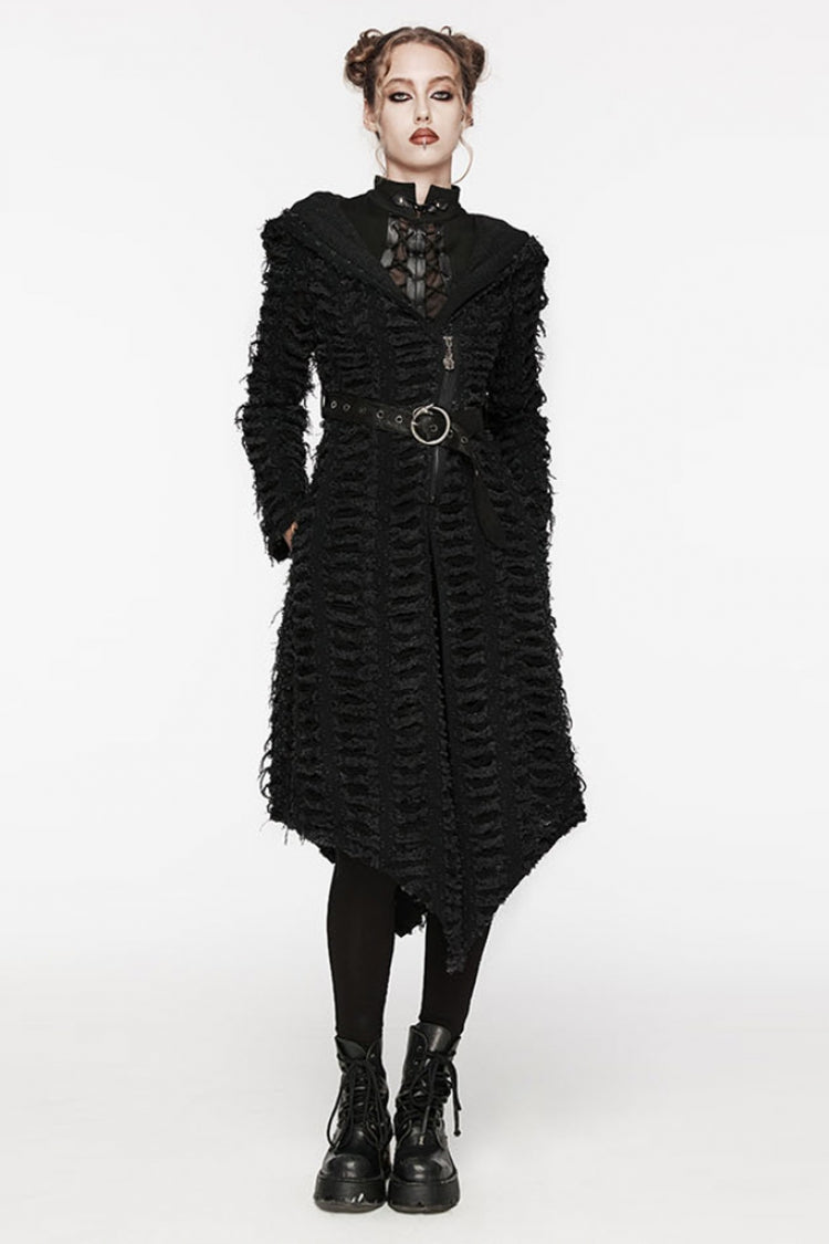 Black Irregular Hooded Women's Punk Long Coat - Product - 2