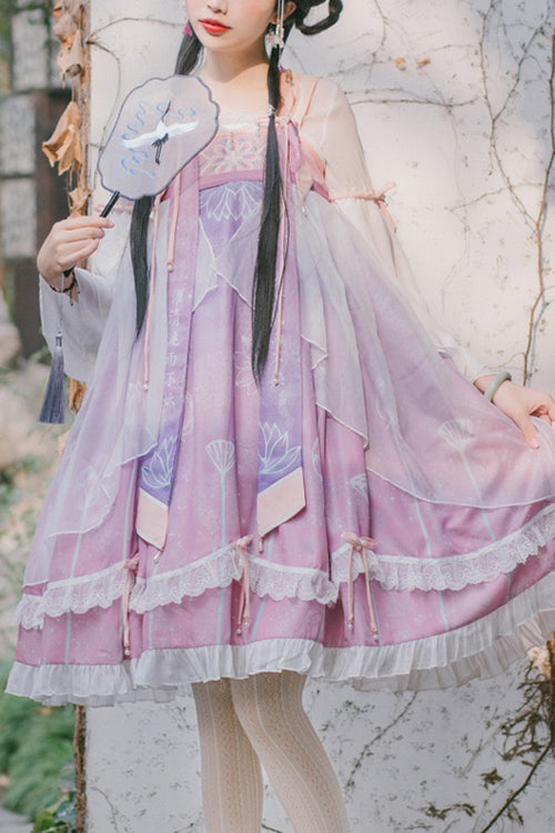 Original Chinese Han Elements Improved Lotus Print Sweet Hanfu Dress Full Set - Purple - 1