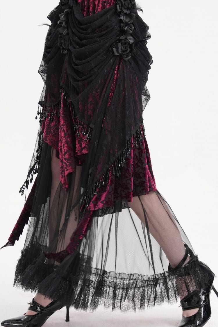 Black/Purple Tassels Mesh Women's Gothic Long Skirt - Product - 2