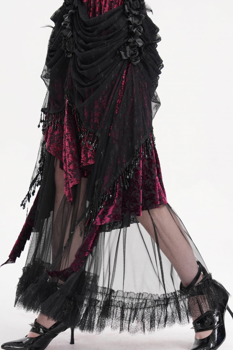 Black/Purple Tassels Mesh Women's Gothic Long Skirt - Product - 2