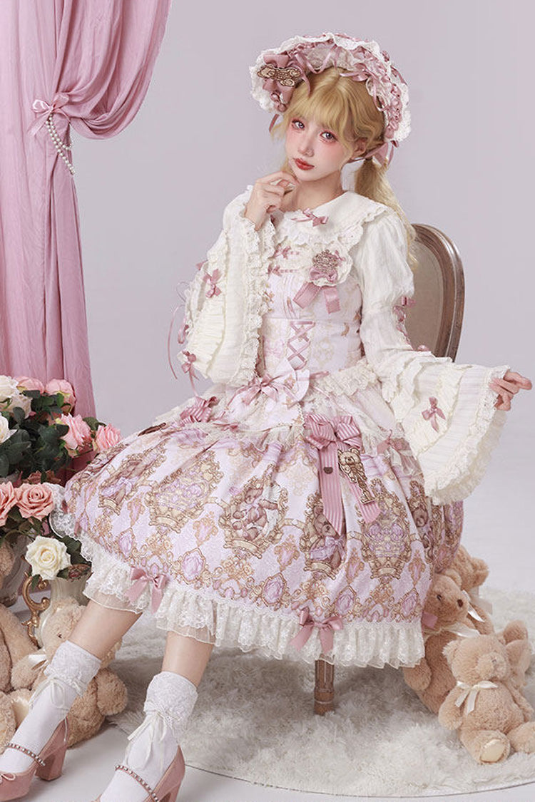Pink [Antique Teddy Bear] Sleeveless Printed Bow Lace Sweet Elegant Lolita Jsk Dress - Product - 9