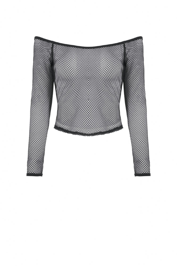 Black Off Shoulder Long Sleeves Mesh Women's Gothic Versatile Top - Product - 3