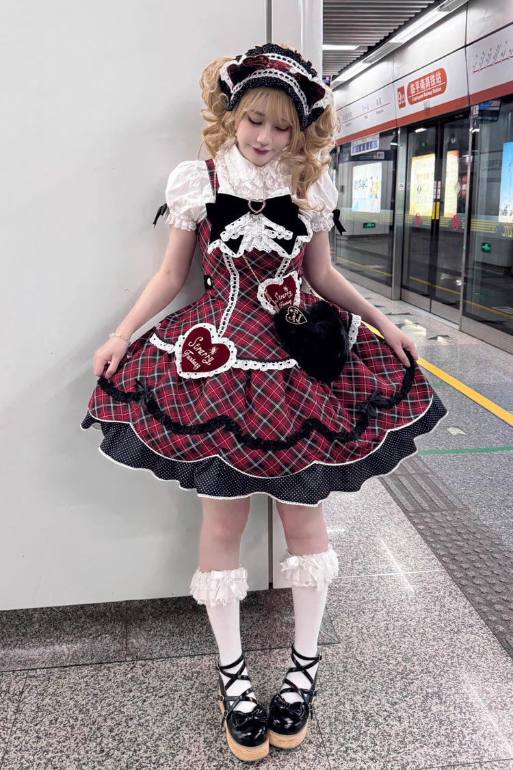 Red [Shibuya Sweetheart] Sleeveless Plaid Print Ruffle Bowknot Sweet Lolita Jsk Dress (Plus Size Support) - Product - 2