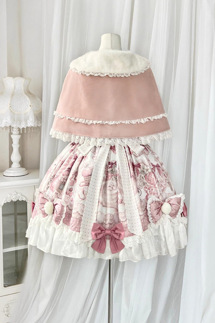 Pink [Cat Dessert House] Print Ruffle Bowknot Sweet Lolita Jsk Dress Set - Product - 4