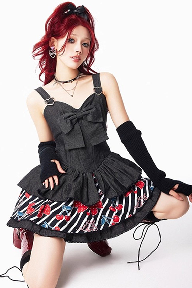 Black Cherry Sleeveless Triple-Layered Print Ruffle Bowknot Denim Sweet Japanese Vintage (Dress Only) detail view 13