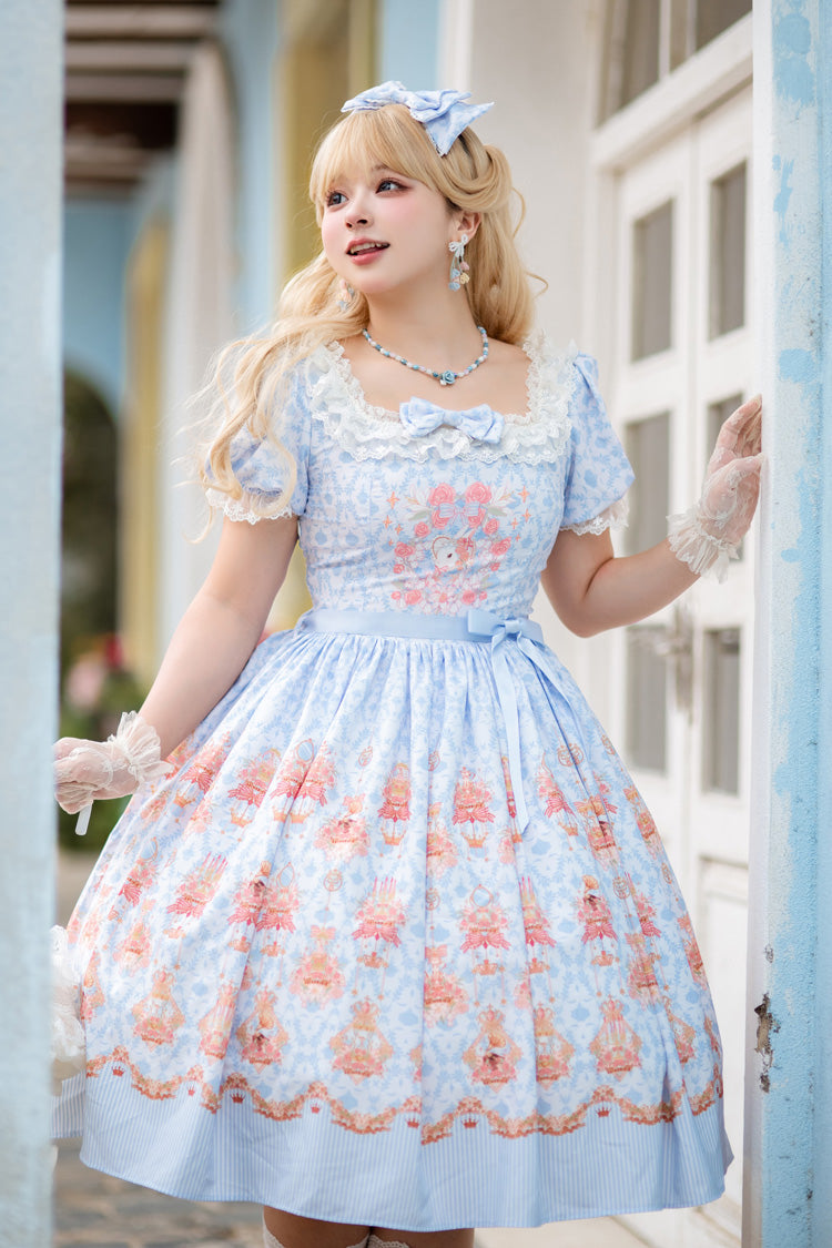 Blue [Rose Garden Rabbit] Print Ruffle Bowknot Sweet Lolita Dress - Product - 8